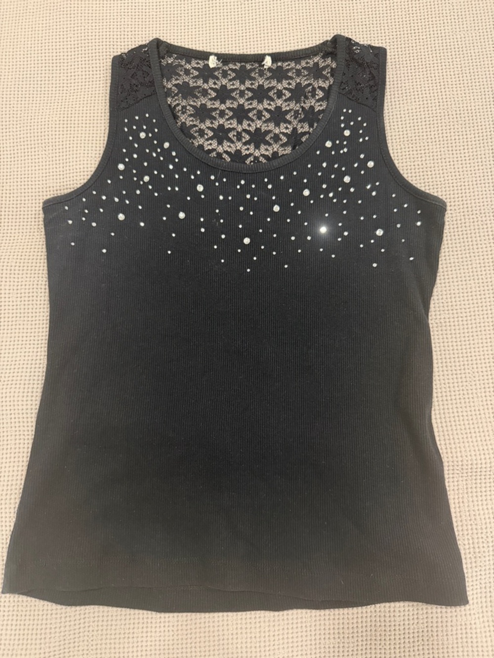 Black Sleeveless Tank Top with Crystal Accent